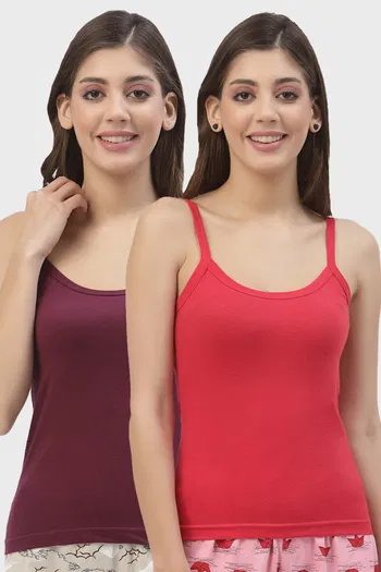 Buy Floret Cotton Camisole (Pack of 2) - Wine Red
